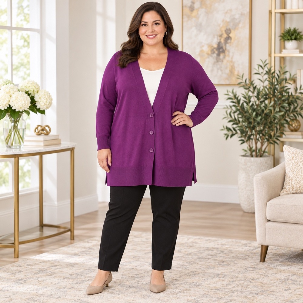 Talbots Plus Eggplant Purple Longline V-Neck Button Front Cardigan Sweater 2X NW
